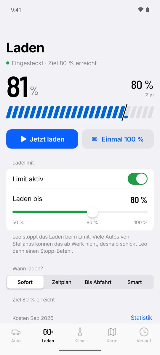 Leo zeigt 81 Prozent Akku, das Ladeziel 80 Prozent und das eingestellte Ladelimit