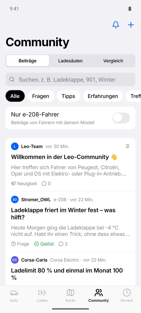 Community mit Fragen und Tipps anderer Fahrer, eine Frage ist als gelöst markiert