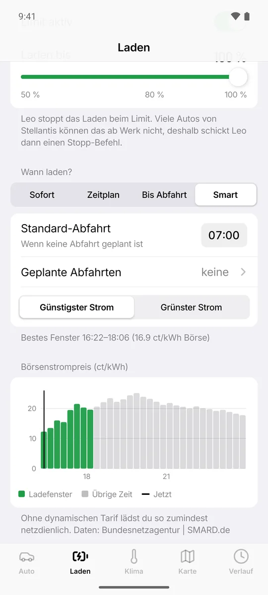 Smart Charging mit Börsenstrompreis der nächsten Stunden und grün markiertem Ladefenster