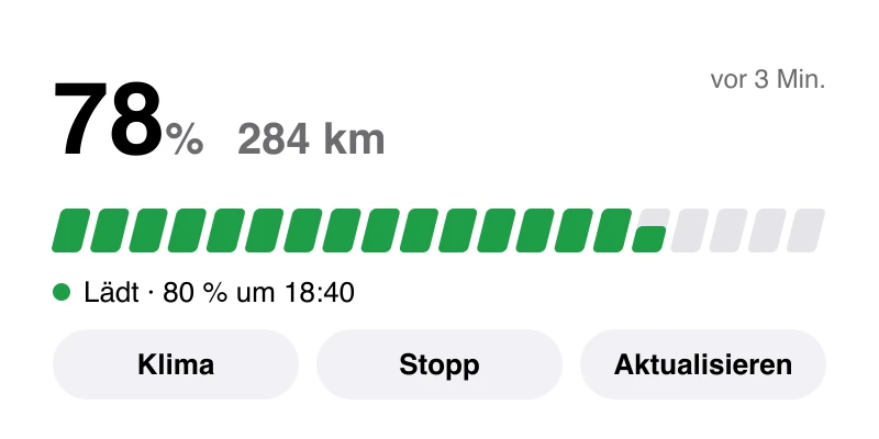 Homescreen-Widget mit 78 Prozent, 284 Kilometern und Knöpfen für Klima und Laden